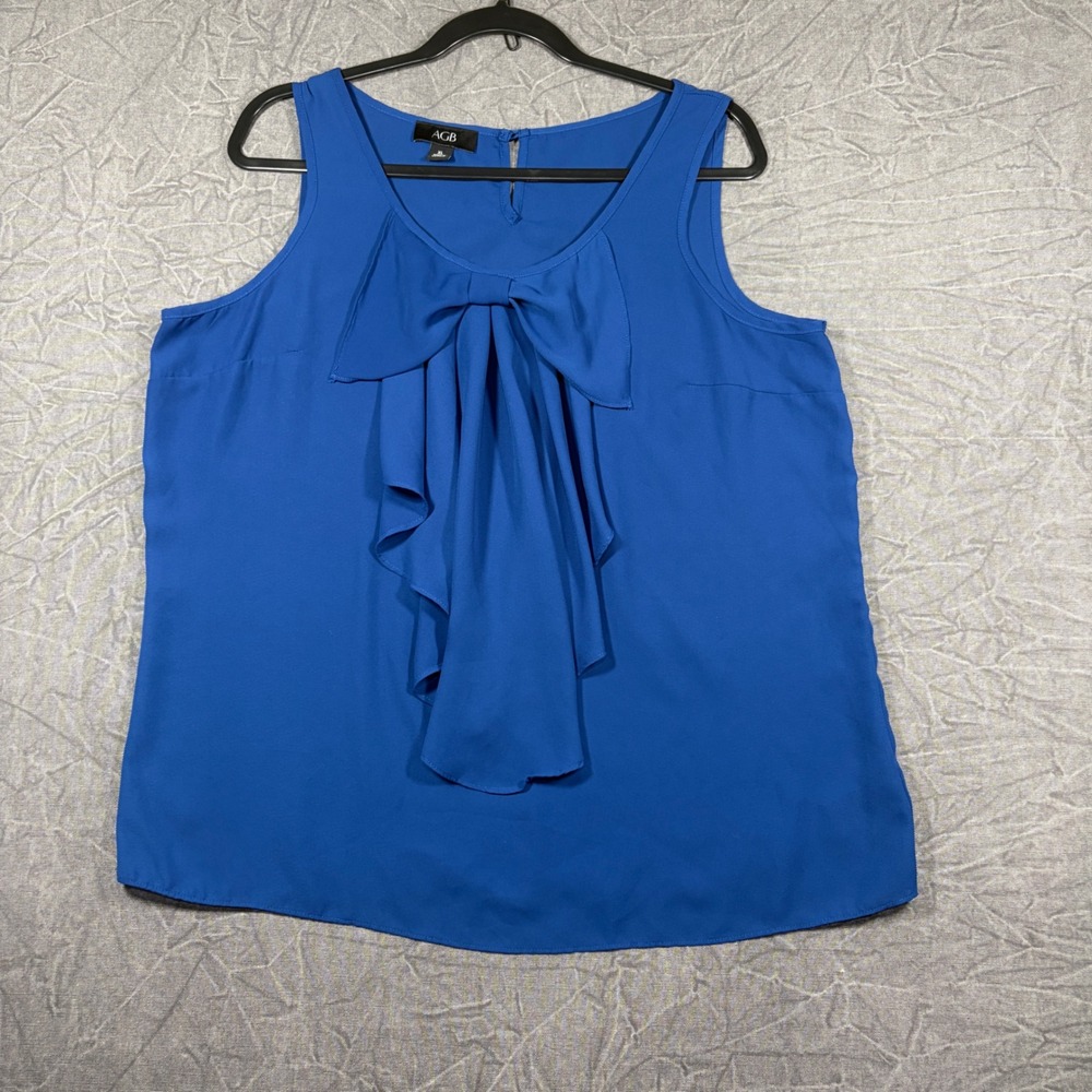 AGB Blouse Women XL Blue Sleeveless Bow Front Ruffle Keyhole Back Chiffon Top